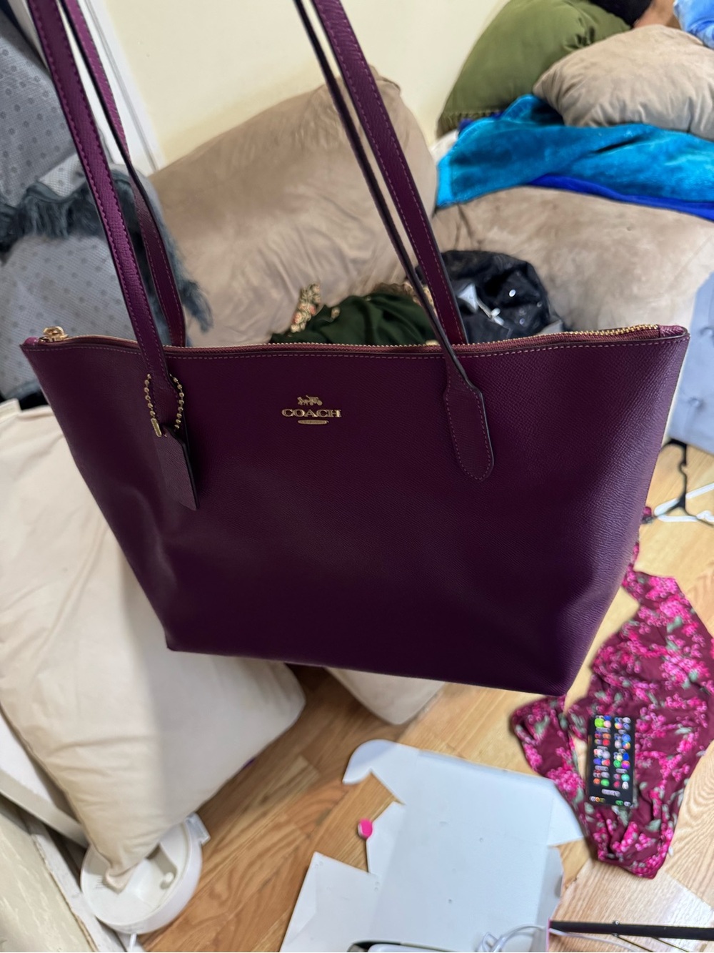 Coach Plum Saffiano Leather Tote with Gold Hardware
